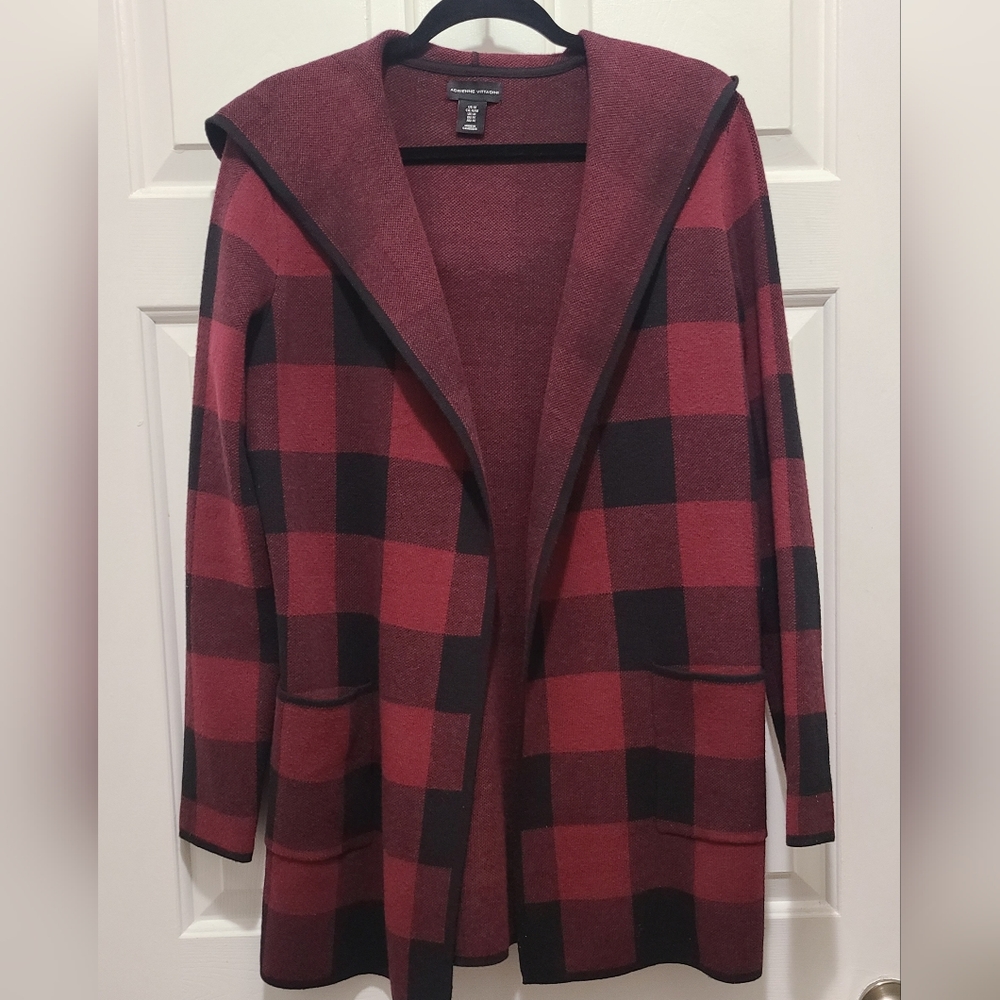 Adrienne Vittadini Open Front Shawl Collar Buffalo Check Hood Cardigan Coat - Picture 1 of 5